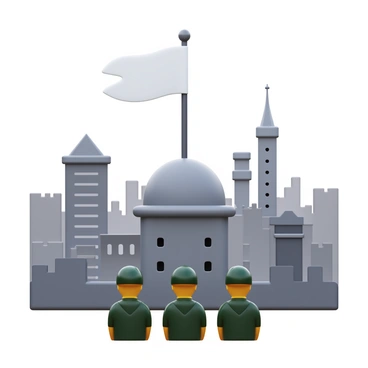 A white flag being raised over a city with tall buildings and visible fortifications. The flag is fluttering in the wind, prominently displayed atop a rooftop. The city shows signs of damage, with some structures partially collapsed and smoke rising in the distance. A group of soldiers can be seen below, standing in formation, their expressions serious as they look up at the flag. The sky is overcast, adding to the somber atmosphere of the scene.