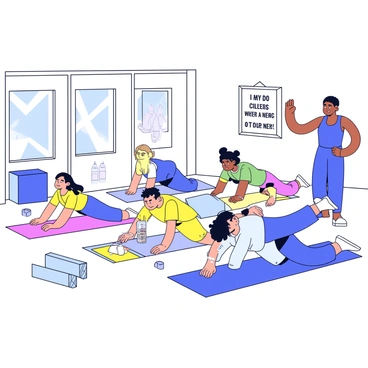 A spacious community center room with light-colored walls and large windows. A group of beginners is practicing the bird-dog exercise. Each participant is on a yoga mat, positioned on their hands and knees. They are focusing on balancing, extending one arm and the opposite leg. The instructor, standing nearby, is demonstrating the proper form. There are fitness mats in various colors spread across the floor. A few water bottles and towels are nearby, and a motivational poster about exercise hangs on the wall.