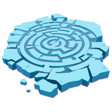 A stone floor made of large, rough-hewn slabs with a textured surface. The floor features a complex maze pattern intricately etched into the stone, with sharp, defined lines that create various pathways. The maze design is detailed, with sharp angles and tight corners, showcasing a sense of depth and dimensionality. The surrounding areas of the stone floor appear worn, with slight discoloration and shadows that highlight the maze's contours. Light reflects off the surface, enhancing the stone's natural colors and textures.