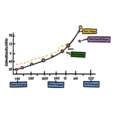 A colorful chart displaying the progression in dead hang strength over time. The x-axis represents time intervals with clearly marked labels, while the y-axis shows strength levels with numerical values. The chart includes a line graph illustrating the increase in strength, with various data points connected by a smooth line. Each data point is represented by a small circle. Additionally, there are colorful annotations along the line indicating specific milestones in progression, with brief descriptions in boxes pointing to each milestone. The background of the chart is white to enhance clarity and readability.