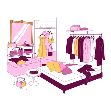 The interior of a chic French boutique showcases elegant clothing displayed on sleek hangers. There are pastel-colored dresses and tailored suits arranged tastefully on racks. Stylish decor elements include a large ornate mirror framed in gold, reflecting the soft lighting that bathes the space. Plush seating areas with cushions in complementary shades invite customers to relax. Scattered throughout are fashionable accessories, such as colorful handbags and delicate jewelry, arranged on minimalist shelves. The boutique exudes a refined atmosphere that highlights the beauty of the clothing and decor.