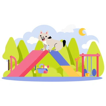 A "blaireau" with gray fur and a distinctive black and white stripe on its face is joyously climbing a "colorful slide" at a vibrant playground. The slide is a mix of bright red, blue, and yellow sections. Surrounding the slide, there are various playground elements like a "swing set" with two swings and a "sandbox" filled with bright toys. The background is filled with "green trees" and a "clear blue sky" creating a cheerful atmosphere. The "blaireau" looks playful and excited as it prepares to slide down.