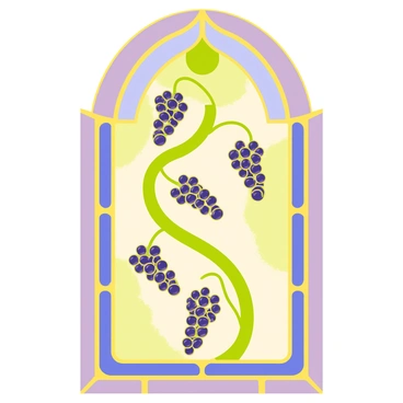 A stained glass window design featuring a central motif of a winding green vine with numerous branches extending outwards. The branches are adorned with clusters of purple and green grapes, each grape depicted with a shiny surface that reflects light. The background is filled with shades of blue and yellow, creating a vibrant contrast that highlights the vine and grapes. Decorative glass pieces frame the design, enhancing the overall intricate appearance of the window.