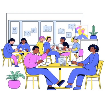 A trendy café interior with wooden furniture and large windows letting in natural light. Several artists are seated at small tables, focused on their work. One artist is drawing in a sketchbook, while another is painting on a canvas with vibrant colors. Each artist has a steaming cup of coffee beside them on the table. The café walls are adorned with colorful artwork and plants in decorative pots. The atmosphere is lively, with a few patrons chatting in the background.