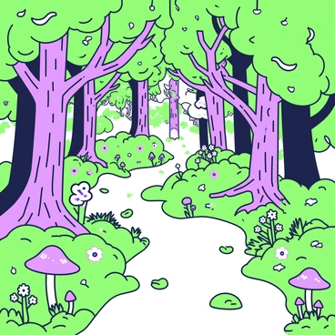 An enchanted forest filled with a variety of plants and trees. The foliage is dense and lush, with towering trees that have thick trunks and sprawling branches. Along the central path, there are numerous plants that emit a soft glow, creating an ethereal atmosphere. The path is well-defined, winding deeper into the woods, surrounded by vibrant greenery. Scattered along the sides of the path are clusters of glowing flowers and luminescent mushrooms, adding to the magical feel of the forest. The ground is covered with a mix of leaves and soft moss, enhancing the serene environment.