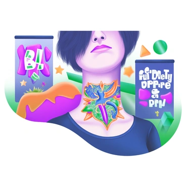 A close-up of a person's neck showcasing a colorful tattoo featuring intricate designs and vivid hues. Surrounding the person are bright urban street art murals, with bold patterns and various colors creating a lively backdrop. The street art includes graffiti lettering and abstract shapes that enhance the energetic atmosphere of the scene. The focus remains on the tattoo while the vibrant street art adds depth to the visual composition.