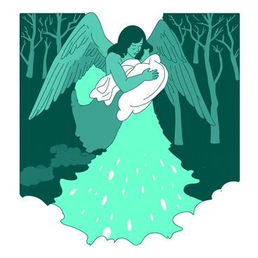 A teal angel with large, majestic wings is gently carrying a person in a white robe. The person is cradled in the angel's arms, their expression peaceful. The background features a dark forest with dense, twisted trees, contrasting with a bright, radiant light that is illuminating the scene ahead. The light spills out from the edge of the forest, creating a clear path filled with warmth and hope. The angel's wings are outstretched as they gracefully ascend from the shadows of the forest toward the illumination in the distance.