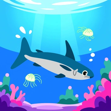 A sleek barracuda with shimmering silver scales is swimming gracefully through a vibrant ocean filled with swirling colors. The water is a mix of bright blues, purples, and greens, creating a dreamlike atmosphere. Bubbles rise around the barracuda, and strange coral formations in whimsical shapes surround it. Glowing jellyfish float gently in the water, their tentacles trailing behind them. Rays of light filter down from above, illuminating the scene and enhancing the surreal quality of the underwater world.