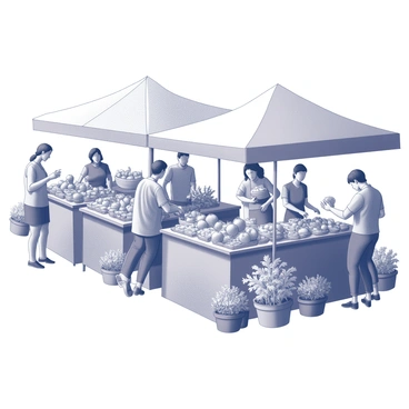 A bustling farmers' market scene with a variety of stalls displaying fresh fruits and vegetables. The stalls are arranged in a neat row, showcasing an abundance of produce such as apples, carrots, and tomatoes. Shoppers of diverse ages and backgrounds are interacting with vendors, some picking up items to examine them closely. There are baskets filled with colorful fruits and vegetables, and a few potted plants are on display nearby. The atmosphere is lively and inviting, with people engaged in conversation and the exchange of goods.