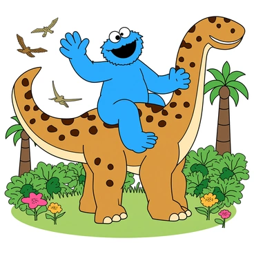 Cookie Monster, a furry blue character with large round eyes and a big smile, is joyfully riding atop a dinosaur that is entirely made of various types of cookies. The dinosaur has a long neck and a sturdy body, covered in chocolate chip and oatmeal raisin cookies, with a tail made of gingerbread. In the background, there are lush green ferns and towering trees with thick trunks. Brightly colored prehistoric flowers dot the landscape, while a few cartoonish pterodactyls fly in the sky. Cookie Monster holds onto the dinosaur's neck with one hand, waving the other excitedly in the air.