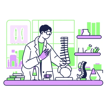 A researcher is standing in a laboratory, closely examining an articulated vertebral column model displayed on a table. The model is composed of individual vertebrae that can be moved and adjusted, showcasing the human spine's structure. The researcher is wearing a white lab coat and safety goggles, with short hair and holding a pair of tweezers in one hand. Surrounding the table are various scientific instruments and stacks of textbooks, as well as a large window allowing natural light to illuminate the space. In the background, there are shelves filled with anatomical models and lab equipment.