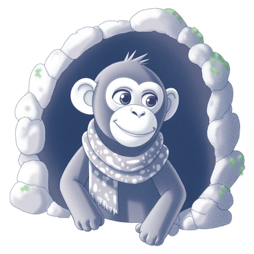 A monkey face with expressive eyes and a short snout. The monkey is wrapped in a scarf, which drapes around its neck and has intricate patterns. It is peering out from the entrance of a cozy cave, with rocky textures surrounding the opening. The cave interior has soft, uneven surfaces and hints of moss growing on the walls. The monkey's ears are perked up, indicating curiosity as it observes its surroundings.
