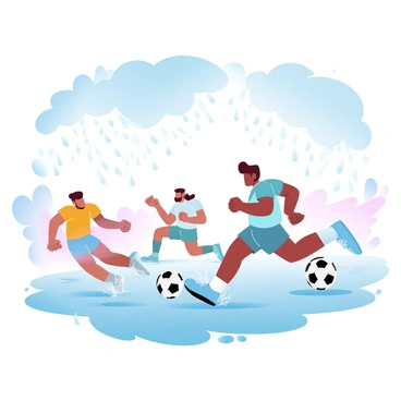 A soccer field is filled with muddy puddles as players in vibrant jerseys sprint across the wet grass. The players are engaged in a heated match, with some sliding through the puddles and kicking the ball energetically. Dark clouds dominate the sky, creating a dramatic backdrop with rain pouring down in diagonal lines. Water splashes up from the players' feet as they move, adding to the dynamic atmosphere of the match. The bright colors of the jerseys contrast against the muted tones of the sky and field.