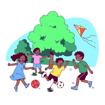 A diverse group of children from different cultures are playing happily in a park. There are two girls, one with black hair wearing a blue dress, and another with curly brown hair in a yellow t-shirt, laughing together as they chase each other around a large green tree. A boy with glasses and short blonde hair is practicing his soccer skills, kicking a red ball towards his friend, a boy with dark hair and a green shirt. Nearby, a girl in a pink outfit is flying a multicolored kite, with the kite soaring high against the blue sky. The scene captures the joy and camaraderie among the children as they share in their playful activities.