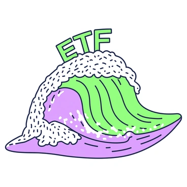 An ocean wave is curling dramatically, with a large crest ready to break. Atop the wave, bold letters spelling "ETF" are surfing confidently. The letters are stylized with a dynamic appearance, suggesting movement and energy. The wave features intricate patterns and textures, highlighting the power of the ocean. The overall scene captures the sense of thrill and adventure, embodying the concept of market fluctuations as the letters navigate the cresting wave.