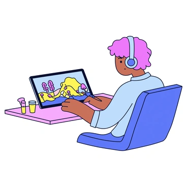 An artist sitting at a desk, focusing on a graphic tablet in front of them. The tablet is sleek and modern, with a stylus in the artist's hand. On the computer screen, vibrant illustrations are visible, showing a colorful landscape and characters. The artist has short, curly hair and is wearing headphones, absorbed in their work. The desk is tidy, with a few art supplies neatly arranged beside the tablet.