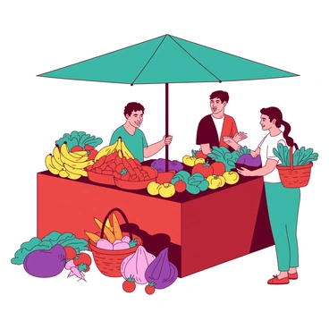 A red farmer's market stall is filled with a variety of colorful fruits and vegetables. There are bright yellow bananas piled high next to deep red tomatoes, vibrant green bell peppers, and purple eggplants. Happy shoppers are interacting, with one person holding a basket filled with orange carrots and pink radishes, while another examines a bunch of leafy greens. A teal umbrella shades the stall, providing a refreshing spot for customers as they browse the fresh produce. The atmosphere is lively, filled with movement and the sounds of conversation.