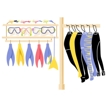A wooden rack displaying a variety of diving gear. The rack is adorned with multiple colorful masks positioned neatly, showcasing their transparent lenses and vibrant straps. Below, several pairs of fins are arranged, each with distinct colors and designs, highlighting their streamlined shapes. Hanging on hooks are different wetsuits, featuring a range of patterns and colors, from solid blacks to bright patterns. The overall composition conveys an organized and inviting atmosphere for diving enthusiasts.