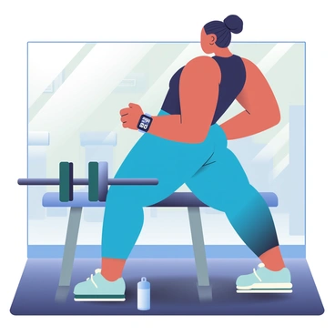 A person with light brown skin is engaged in a hip thrust workout in a gym setting. They are wearing a black tank top and bright blue leggings. On their wrist, a sleek silver smartwatch displays the workout metrics. The person's hair is tied back in a ponytail, and they are positioned on a padded bench with their back against it, feet planted firmly on the ground. Weights are placed on a barbell resting across their hips, and a water bottle is visible nearby on the floor. The floor is a dark rubber material, and there are gym equipment and mirrors in the background.