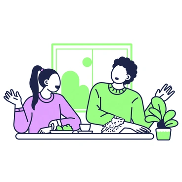Two friends are sitting at a small round table in a café. One friend is animatedly speaking, leaning slightly forward with an enthusiastic expression. She has long hair tied in a ponytail and is wearing a casual sweater. The other friend, with curly hair, appears thoughtful and slightly skeptical, resting his chin on his hand. On the table, there are two cups of coffee, a small plate with a pastry, and an open notebook with doodles. A window in the background shows a sunny day outside, and a plant in a pot is positioned near the table.