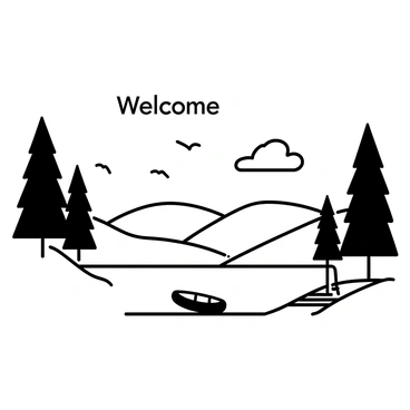 A tranquil lake surrounded by tall trees and rolling hills. The water surface is smooth, reflecting the shapes of the trees and the sky above. In the sky, there are fluffy clouds drifting lazily. "Welcome" is written in bold letters, floating above the lake. A small wooden dock extends into the water, with a single canoe tied to it. A few birds can be seen flying in the distance.
