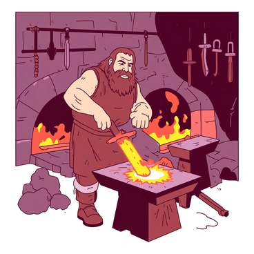 A dwarf blacksmith with a thick beard and muscular arms is working at an anvil in a fiery mountain workshop. The blacksmith is hammering a glowing red-hot sword on the anvil while sparks fly in various directions. The workshop is filled with tools and weapons hanging on the stone walls, illuminated by the warm glow of a roaring orange furnace. In the background, rugged rocks and molten lava can be seen, highlighting the intense heat of the environment. The dwarf is wearing a leather apron and sturdy boots, focusing intently on his craft.