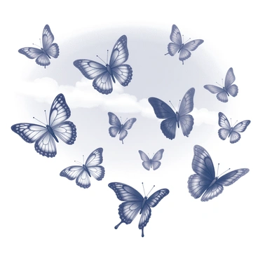 A multitude of butterflies is in flight, showcasing a variety of wing shapes and sizes. Each butterfly features intricate patterns and textures on their wings. They are soaring through a clear blue sky, where wispy clouds occasionally drift by. The scene captures the dynamic movement of the butterflies as they gracefully navigate the air. The sunlight illuminates their delicate forms, casting subtle shadows beneath them.
