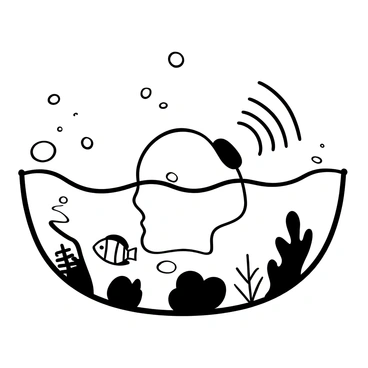 An illustration showing an ear submerged underwater with sound waves emanating from various directions. The ear is surrounded by bubbles rising towards the surface. There are visual representations of sound waves depicted as curvy lines, illustrating how they travel through water. Objects such as fish and underwater plants are subtly included in the background to enhance the underwater environment.