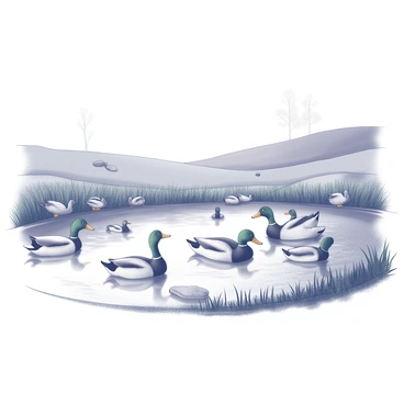 A group of ducks paddling across a small pond. The pond is surrounded by lush greenery and gently sloping hills typical of the Lake District. The ducks are a mix of breeds, some are quacking softly while others are gliding smoothly on the water’s surface. The water reflects the surrounding vegetation and the shape of the ducks as they move. In the background, there are hints of distant trees and a few rocks peeking out from the water's edge.