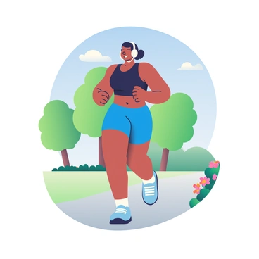 A jogger with dark skin and short black hair is running on a paved path in a park. She is wearing a fitted black tank top and bright blue running shorts. Over her ears, she has white headphones, which are snugly placed, indicating she is lost in the music. Her facial expression shows concentration and enjoyment. The background features green trees and a clear blue sky, with a few fluffy white clouds scattered above. The path is bordered by vibrant flowers, adding a splash of color to the scene.