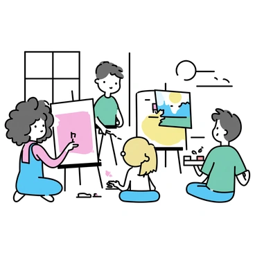 A diverse group of students, including a girl with curly black hair and a boy with short brown hair, are painting on canvases in a bright art studio. The girl is wearing a blue smock and using a brush to apply red paint on her canvas. The boy, dressed in a green shirt, is focused on mixing colors on his palette. Another student, a young woman with straight blonde hair tied in a ponytail, is sitting cross-legged on the floor, painting a vibrant landscape. The studio has large windows letting in plenty of natural light, illuminating easels and scattered art supplies around the room.