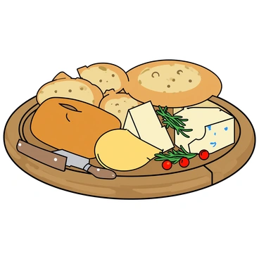 A rustic platter with crusty bread and a selection of cheeses