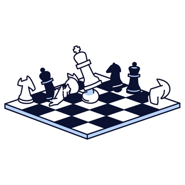 A chessboard with alternating black and white squares. In the center of the board, a white pawn is depicted toppling over. The pawn initiates a chain reaction, causing several nearby chess pieces, such as a black rook, a white knight, and a black bishop, to fall over as well. The pieces are arranged in a dynamic way, emphasizing the motion of the falling chess pieces.
