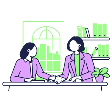 A paralegal is seated at a wooden desk in a cozy office environment. The paralegal has shoulder-length hair and is wearing a professional outfit consisting of a blazer and a blouse. They are focused on assisting a client who is sitting across the desk. The client has short hair and is dressed casually. The desk is cluttered with various liability paperwork, including forms and a pen. A small potted plant sits on the side of the desk, and a bookshelf filled with legal books and reference materials is visible in the background. A window allows soft natural light to fill the room, enhancing the cozy atmosphere.