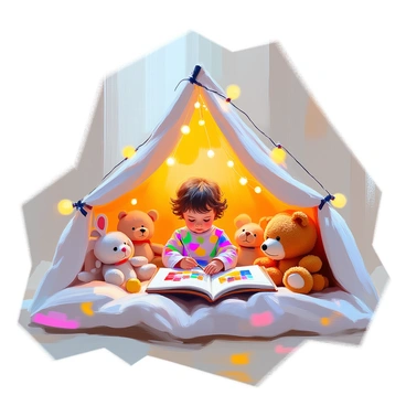 A young child with curly hair, wearing colorful pajamas, is sitting inside a cozy blanket fort made of various soft blankets and pillows. The fort is illuminated by a small string of fairy lights, casting a warm glow. The child is engrossed in an art book, with illustrations of vibrant paintings visible on the pages. Surrounding the child are several stuffed animals, including a large teddy bear, a fluffy bunny, and a soft lion, all positioned comfortably within the fort. The atmosphere is inviting and playful, embodying a sense of imagination and warmth.