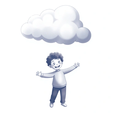 A fluffy cloud with soft, rounded edges hovers gently above a smiling child. The cloud has a textured appearance, suggesting warmth and comfort, while casting a light shadow on the child's face. The child, with bright eyes and a joyful expression, stands with arms open wide, embracing the moment. The scene captures a sense of innocence and delight, with the child wearing a simple, casual outfit that adds to the carefree atmosphere. The overall composition conveys a feeling of protection and happiness.