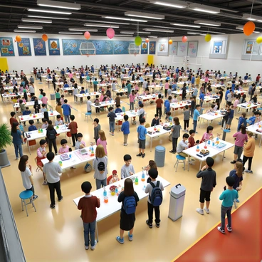 A vibrant science fair taking place in a large gymnasium filled with enthusiastic students. Various booths are set up, each displaying colorful posters and creative models. Students of diverse backgrounds are engaged, explaining their projects to visitors. Some stand proudly beside their displays, while others demonstrate experiments using colorful liquids and intricate mechanisms. Brightly colored balloons and decorations hang from the ceiling, adding to the festive atmosphere. The floor is polished, reflecting the dynamic energy of the event. A banner reading "Science Fair" in bold letters is prominently displayed at the entrance.