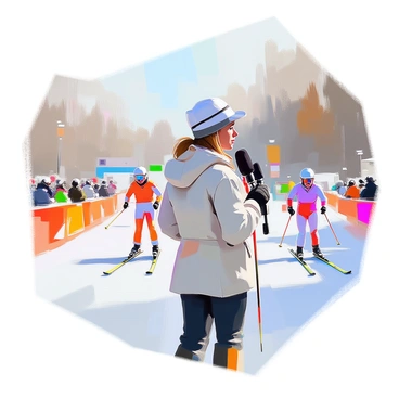 A journalist with medium skin tone stands on a snowy biathlon course, holding a microphone in one hand. She is wearing a warm, stylish jacket, gloves, and a winter hat to protect against the cold. Behind her, skiers can be seen gliding along the track, with trees lining the background. The mood is active and energetic, with spectators watching in the distance, some cheering. The journalist is focused and engaged, ready to deliver her report on the event.