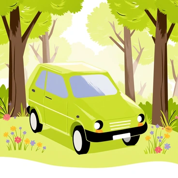 A green hatchback car is parked on a soft, grassy floor in a lush forest clearing. Tall trees with thick trunks surround the clearing, their leaves forming a dense canopy overhead. Sunlight filters through the branches, creating dappled light patterns on the ground. Bright wildflowers in various colors bloom around the base of the trees, adding splashes of red, yellow, and purple to the scene. The car's shiny exterior reflects the vibrant greens and browns of the forest, while small birds can be seen perched on nearby branches.