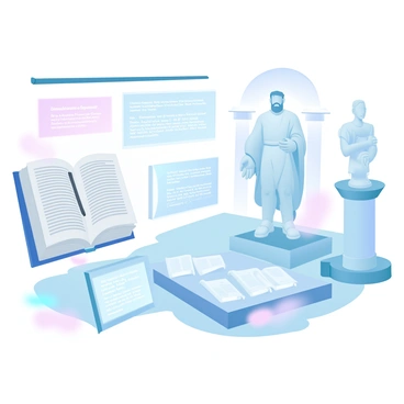 A museum exhibit with several interactive displays dedicated to "Aristotle's contributions to communication." One display features a large open book showcasing ancient texts written by Aristotle, illuminated by soft, gradient pastel lighting. Another display includes a digital touch screen where visitors can explore Aristotle's rhetoric and persuasion techniques. Nearby, a life-size statue of Aristotle stands beside a pedestal filled with scrolls and tablets, while a backdrop of faded classical architecture completes the scene. Informational panels in elegant typography are positioned throughout the exhibit, providing insights into Aristotle's impact on communication.