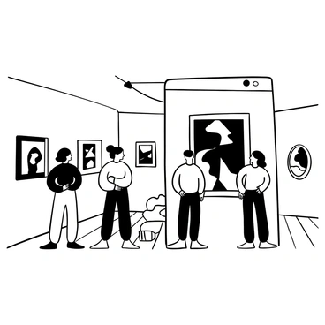 An art exhibit plaque displaying information about a painting is positioned next to the artwork. The painting features abstract shapes and patterns. Several visitors are standing in front of the painting, some with their arms crossed, while others are pointing at details of the artwork. The gallery has white walls and wooden flooring, with more paintings visible in the background. A spotlight illuminates the featured painting, enhancing the focus on it.