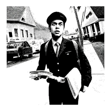A postman is standing on a sidewalk, wearing a postal uniform with a hat. He is holding a stack of letters in one hand while the other hand reaches for the mailbag slung over his shoulder. His expression shows anxiety, with wide eyes and slightly raised eyebrows. He is glancing around nervously, as if he is aware of his surroundings. The scene captures a suburban neighborhood with mailboxes and a few houses in the background. The postman’s posture is slightly hunched, emphasizing his alertness to potential distractions or dangers.