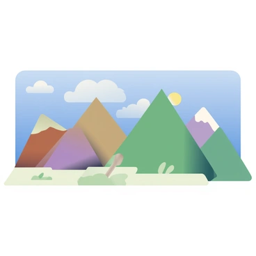 A series of mountains is composed of solid color blocks, each block representing a different shade of green, brown, and gray. The mountains vary in height and shape, creating a dynamic landscape. Above the mountains, a clear blue sky stretches across the entire scene without a single cloud. The sunlight casts soft shadows on the colorful blocks, enhancing their shapes and contours. The foreground features a few small patches of grass in varying shades of green to complement the rugged mountain terrain.