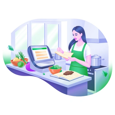 A modern kitchen featuring a woman standing at a countertop, using a sleek smart cooking device. The device has a digital display showing various recipe options. Surrounding her are fresh ingredients like colorful vegetables, herbs, and spices neatly arranged in bowls. The kitchen is bright and airy, with light streaming through a window, illuminating the scene. The woman has a focused expression as she consults a recipe book resting beside the device, while a pot simmers gently on the stove in the background.