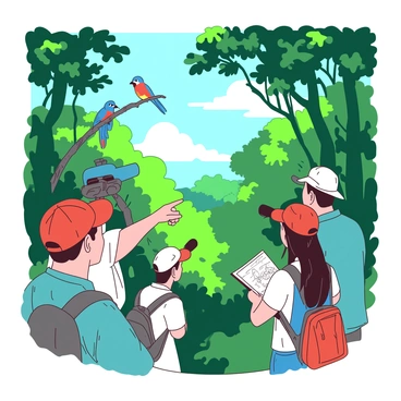 A group of birdwatchers is gathered in a lush green forest on Madeira, observing various unique bird species perched among the trees. Each birdwatcher is equipped with binoculars and notebooks, focused intently on the colorful birds. In the foreground, a birdwatcher with a red cap is pointing towards a vibrantly colored bird perched on a branch. Nearby, another birdwatcher is sketching a blue and orange bird that is fluttering nearby. Sunlight filters through the leaves, creating dappled patterns on the forest floor, while shadows cast by the trees add depth to the scene.