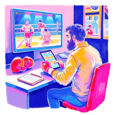 A boxing coach with a closely cropped beard is seated at a desk, focused on multiple fight tapes displayed on a large screen in front of him. He has a furrowed brow as he intently analyzes the footage. In one hand, he holds a tablet, where he is checking betting statistics. The tablet screen shows colorful graphics and numbers. Surrounding him are boxing memorabilia, including gloves and posters of famous fighters, adding to the atmosphere of the training room. A notepad with scribbled notes lies next to the tablet.