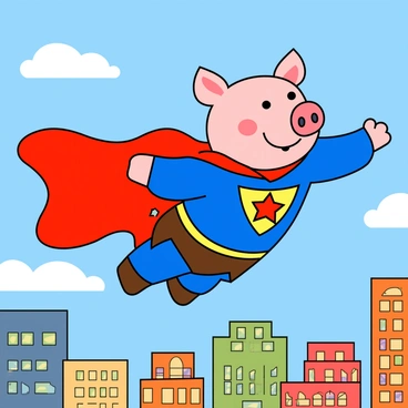 A cheerful pig with a pink snout and large expressive eyes is dressed in a vibrant blue superhero costume. The costume features a yellow emblem on the chest shaped like a star. The pig wears a flowing red cape that billows dramatically behind it as it soars through the sky. Below, a colorful cityscape is visible with tall buildings, some featuring bright signs and windows reflecting the sunlight. The sky is a clear blue, dotted with fluffy white clouds, adding to the playful atmosphere of the scene. The pig has its hooves outstretched, embodying a sense of adventure and excitement.