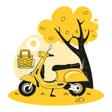 A scooter bike parked under a tree, with a picnic basket on the seat