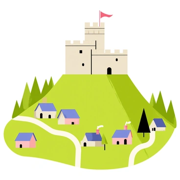 Lancre Castle on a hill, surrounded by misty forests and quaint villages