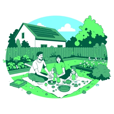 A green family is sitting together on a picnic blanket in their backyard, enjoying a sunny day. The parents are smiling while the children are playing nearby, surrounded by colorful toys. In the background, there are solar panels installed on the roof of their house, reflecting the sunlight. To one side of the yard, there is a vegetable garden filled with various plants like tomatoes and carrots growing in neat rows, with a wooden fence enclosing the area. Bright flowers are blooming around the garden, adding a splash of color to the scene.